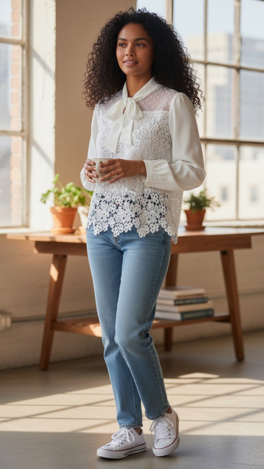 Blusa manga larga, encaje y laso