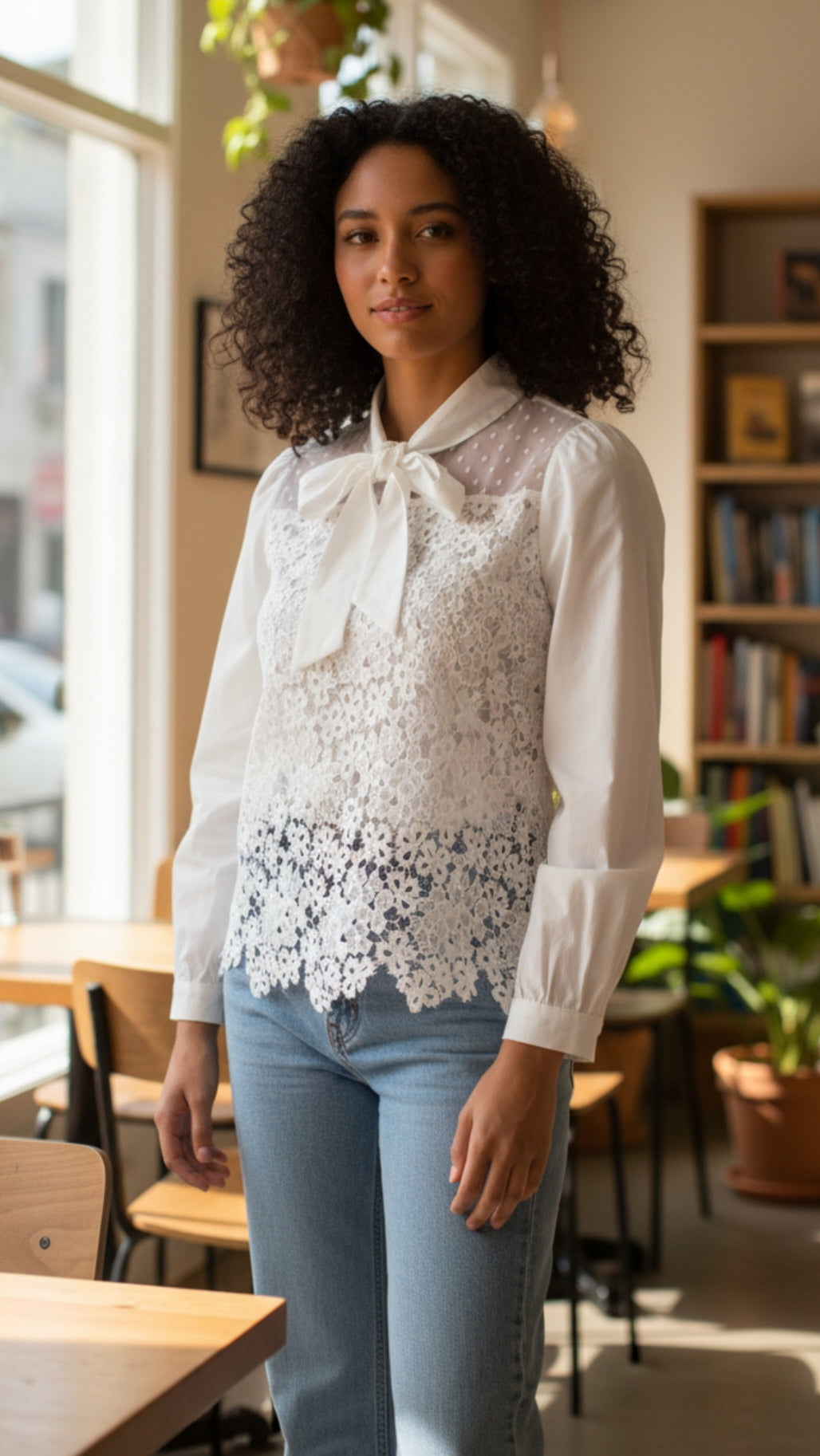 Blusa manga larga, encaje y laso