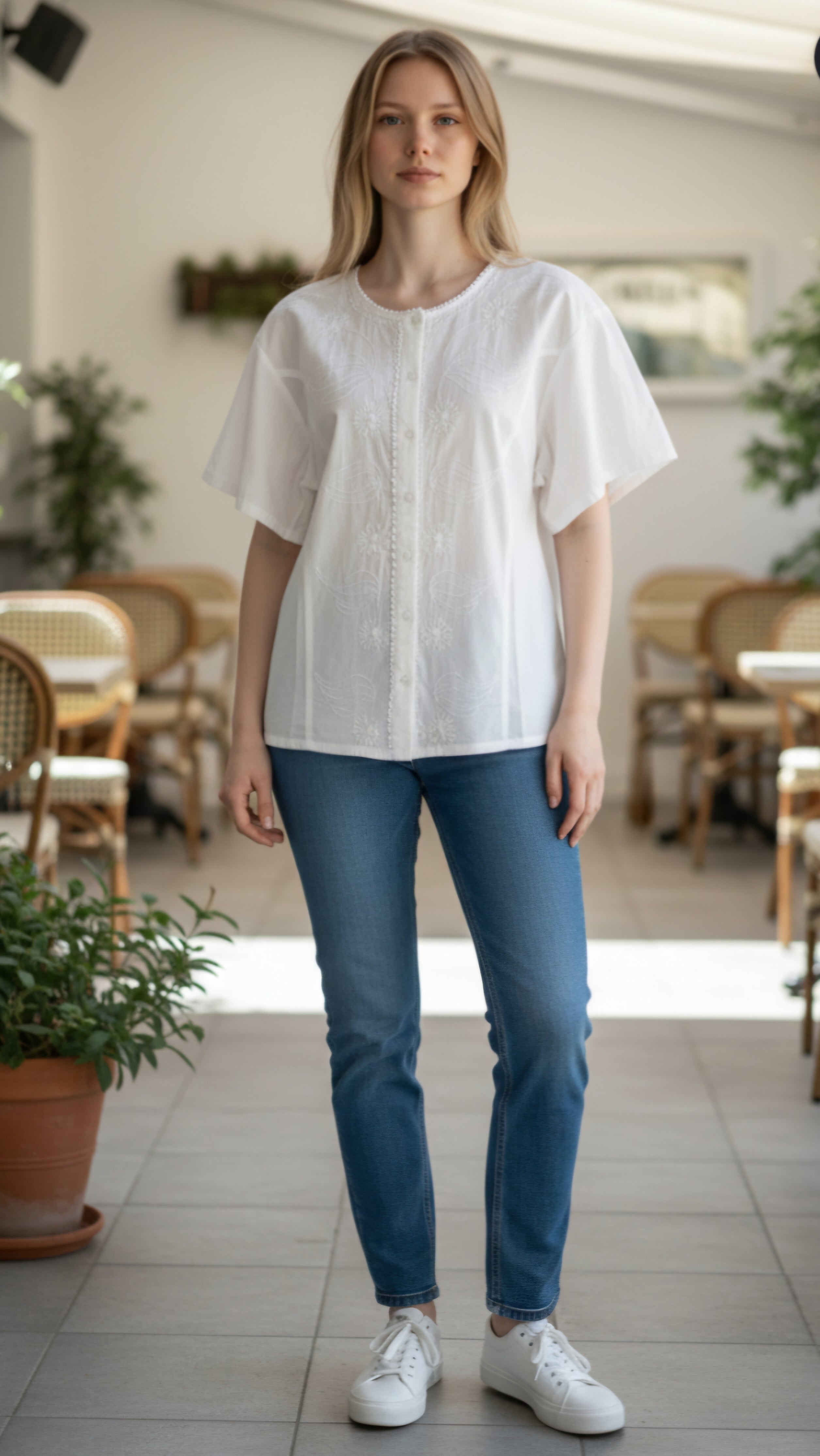 Camisa con botones manga corta, cuello U, bordada.